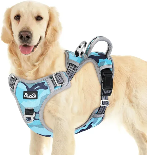 Miniatura 26 de SlowTon Arnés para perro sin tirones, arnés resistente sin estrangulamiento para mascotas, con 2 clips para la correa y mango vertical de fácil