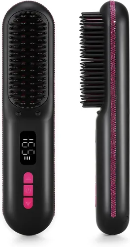 Cepillo alisador de cabello, mini cepillo alisador inalámbrico portátil para viajes, iones negativos con peine caliente con 9 temperaturas para