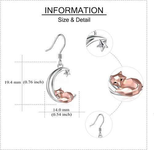 Miniatura 5 de Aretes de plata de ley con diseño de zorrorana para mujer diseño de zorrorana y luna