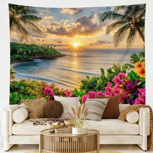 Miniatura 28 de LB Tapiz de hongos para colgar en la pared, luna y estrella en beige, tapiz de pared para dormitorio, estética de planta verde, arte de pared