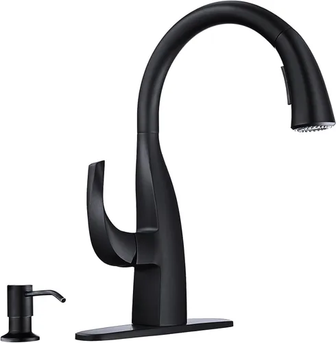 WOWOW Grifos de cocina con dispensador de jabón, cuello de cisne de una sola manija, grifos de fregadero de cocina negros con rociador, arco alto,