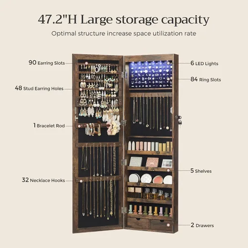 Miniatura 5 de SONGMICS - Gabinete organizador de joyas con 6 luces LED, para montar en la pared o en la puerta, de 47.3pulgadas de alto, con espejo y 2 cajones