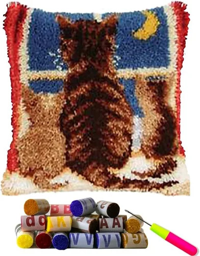 DL-YTG Kit de ganchos de pestillo de almohada trasera de hilo de ganchillo de gato, color preimpreso, alfombra de lona con costura, kit de gancho y