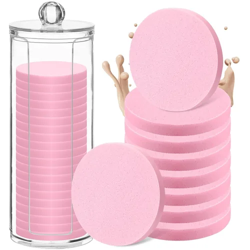 Dandat 20 esponjas redondas de maquillaje con recipiente acrílico, esponja cosmética compacta, almohadilla de espuma redonda, maquillaje facial de