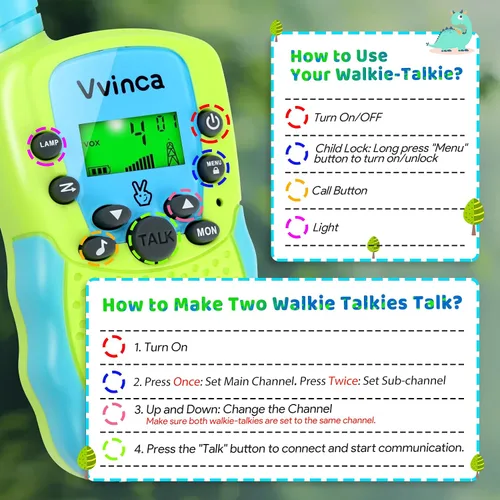 Miniatura 8 de Vvinca Walkie Talkies para niños, juguetes recargables para edades de 5 a 7 años, largo alcance, 22 canales, 2 vías, walkie talkie con linterna
