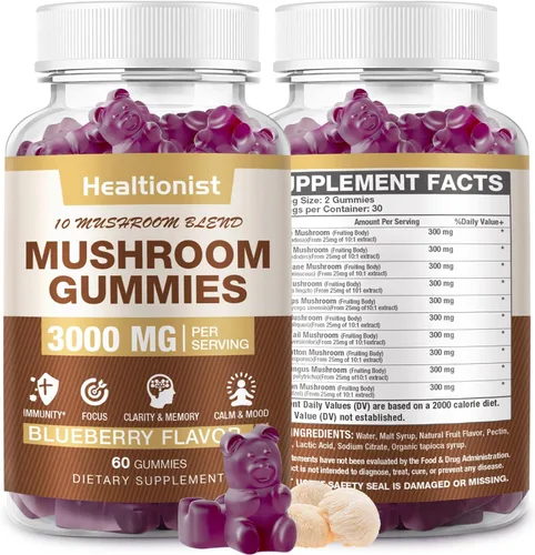 3000 mg - Gomitas complejas de hongos, 10 mezclas, gomitas de melena de león para adultos, Cordyceps, Shiitake, Reishi, Chaga, cerebro, apoyo