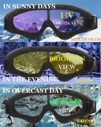 Miniatura 5 de Gafas de esquí, paquete de 3 gafas de nieve para hombres, mujeres, niños y jóvenes, protección UV400 para esquí y snowboard Multicolor/Amarillo/Tawny