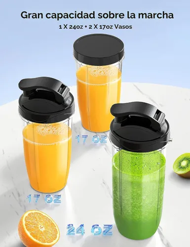 Miniatura 5 de Ganiza Licuadora para batidos, 14 licuadoras personales para batidos y batidos para cocina con 3 tazas portátiles (1 x 24 onzas y 2 x 17 onzas)