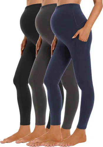 Foucome Leggings de maternidad para mujer con bolsillos sobre el vientre, leggings de entrenamiento para yoga, pantalones de trabajo activos