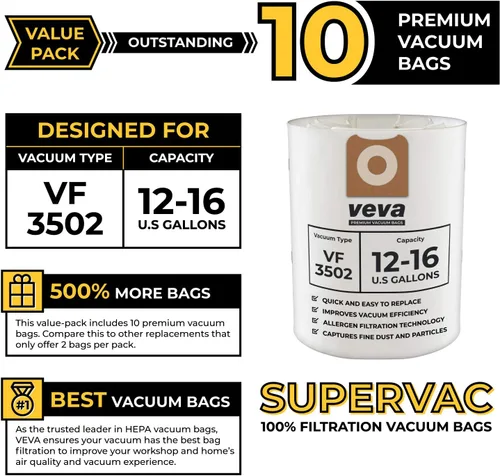 Miniatura 4 de VEVA Paquete de 10 bolsas de vacío SuperVac de alta calidad VF3502 compatibles con aspiradoras Ridgid de 12 a 16 galones para húmedo/seco