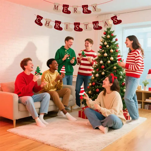 Miniatura 6 de Cartel de Feliz Navidad, decoraciones navideñas preencordadas de búfalo a cuadros, decoraciones navideñas con forma de calcetín, letrero de Feliz