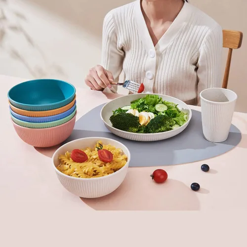 Miniatura 6 de Juego de vajilla de paja de trigo de 18 piezas HXYPN irrompible y reutilizable Juego de tazas de cocina, platos y cuencos aptos para lavavajillas