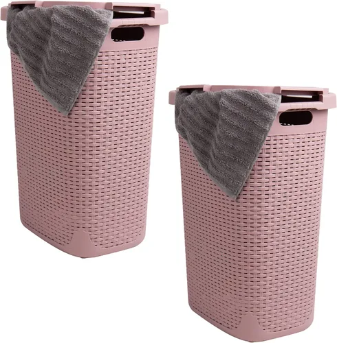 Mind Reader Cesta de lavandería delgada con tapa, cestas de ropa de 60L, diseño de mimbre premium, plástico, paquete de 2, rosa