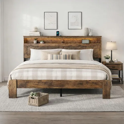 Miniatura 10 de Marco de cama de madera tamaño King con cabecera, base de cama de plataforma estilo granja rústica con soporte de listones de madera, resistente