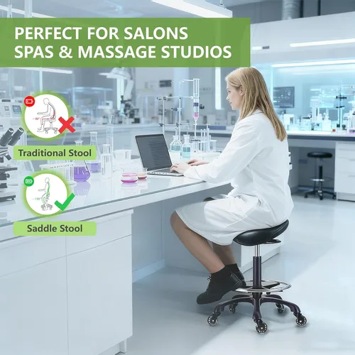 Miniatura 6 de Taburete de salón con reposapiés, resistente, altura ajustable, silla de esteticista rodante para tatuaje, spa, clínica dentista médica (negro)