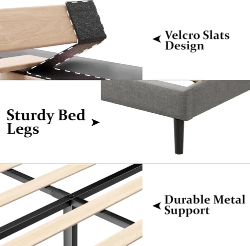 Miniatura 4 de Gruwans Estructuras de Cama Individual con Cabecera Wingback, Camas de Plataforma Tapizadas, No Necesita Somier, Soporte Resistente de Listones