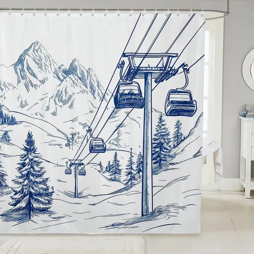 Cortina de ducha para deportes de esquí, azul marino, blanco, bosquejo, esquí, nieve, montaña, cortina de baño para niños, niñas, adultos, Multi 10