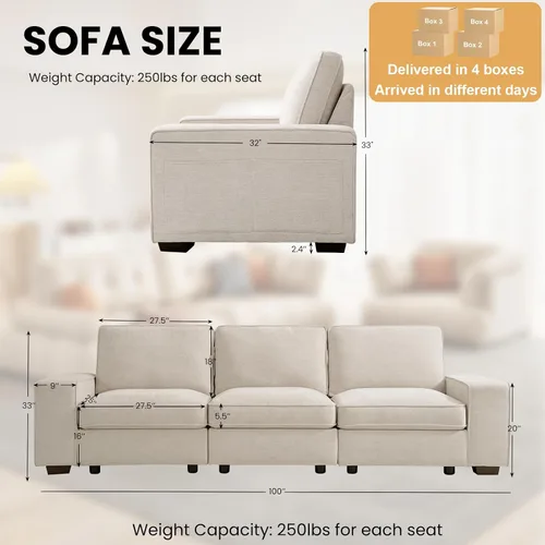 Miniatura 2 de TEKAMON Sofá Modular de 100" con Almacenamiento en los Asientos, Cómodo Sofá de Tela Chenilla de 3 Plazas para Sala de Estar, Oficina, Apartamento