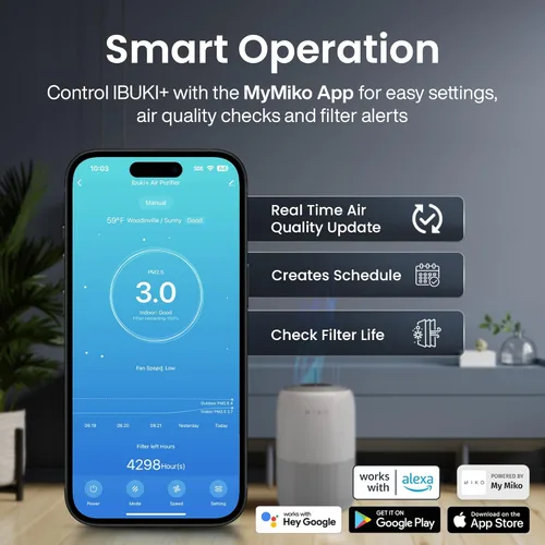 Miniatura 5 de MIKO Purificador de aire para dormitorio con filtro HEPA 3 en 1 y modo de sueño, silencioso como un susurro, cubre hasta 1200 pies cuadrados, Gris