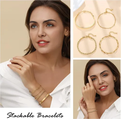 Miniatura 2 de Delicadas pulseras de oro para mujer, chapadas en oro de 18 quilates, ajustables, apilables, juego de pulseras de circonita cúbica en capas