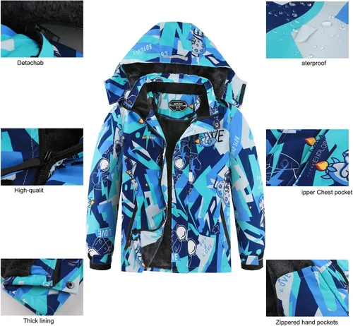 Miniatura 6 de Chaquetas de esquí para niños, impermeable, abrigo de invierno con forro polar, resistente al viento, chaqueta de snowboard con capucha desmontable