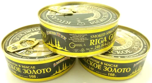 RIGA GOLD Riga Sprats Espadines ahumados en aceite. Rigas Zelts de tamaño grande enlatados 8.4 onzas (8.47 oz) paquete de 3