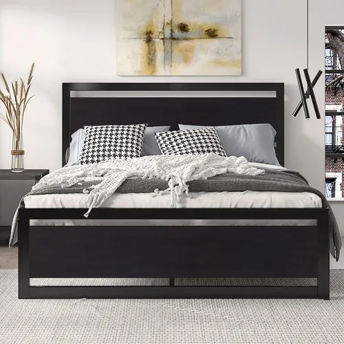 SHA CERLIN Base de cama tamaño Queen con cabecera moderna, base de metal de plataforma resistente con estribo cuadrado y soporte de 13 listones Negro