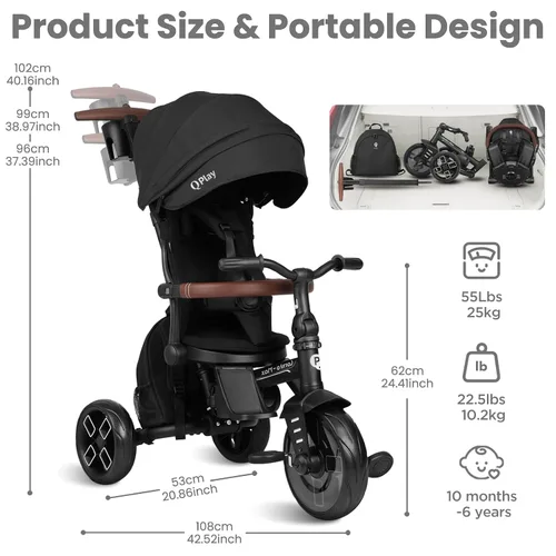 Miniatura 8 de Cochecito de bicicleta para bebés de 10 meses a 6 años de edad, cochecito plegable 8 en 1 para niños pequeños de 3 a 5 años, triciclo de regalo
