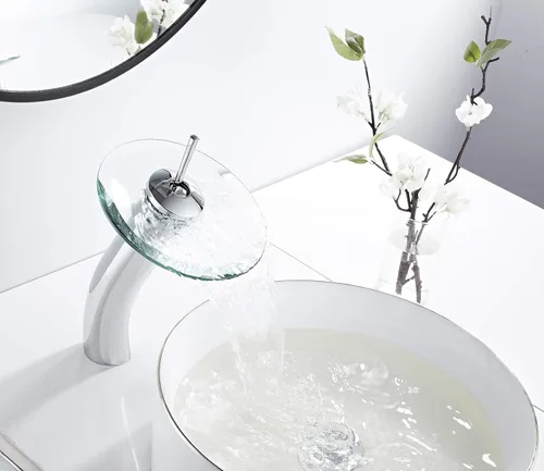 Miniatura 3 de Grifo de recipiente de baño, caño de vidrio en cascada, latón macizo, lavabo, lavabo, grifo de tocador cromado de una sola manija, fregadero de Cromo