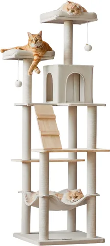 MWPO Árbol grande y moderno para gatos, torre de madera de 70.1 pulgadas para gatos de interior, condominio alto para gatos de varios niveles con 2