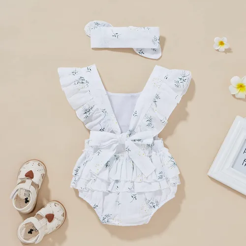 Miniatura 3 de Mameluco con volantes y diadema con estampado de margaritas para bebé, diseño floral, ropa de verano