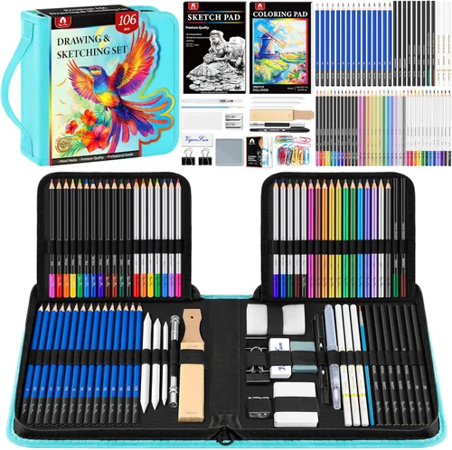 Miniatura 8 de Kit de bocetos de 106 piezas de suministros de arte, lápices de dibujo profesional con cuaderno de bocetos de 3 colores, libro para colorear, Negro