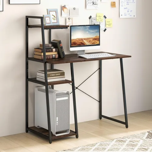 Miniatura 7 de COSTWAY Escritorio para computadora con estantes de almacenamiento de 4 niveles, mesa de escritorio de oficina en casa con marco resistente