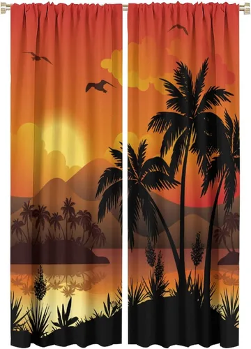 Miniatura 21 de Cortinas de playa con estampado de plantas tropicales y árboles de coco, paisaje natural, con bolsillo para barra, 2 paneles, decoración