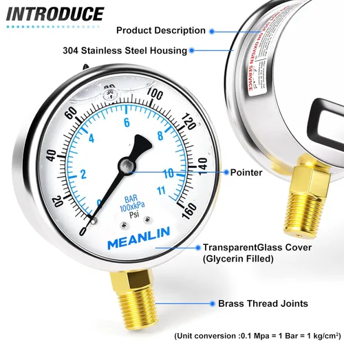 Miniatura 4 de MEANLIN MEASURE - Manómetro de acero inoxidable, relleno de líquido, esfera con cara de 2.5 pulgadas, NPT de 1/4 de pulgada, agua, aceite y aire