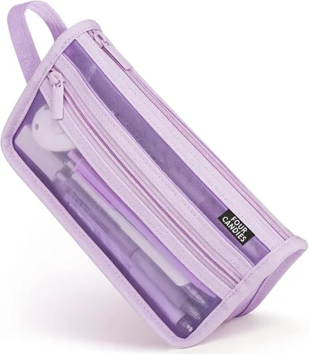 Miniatura 9 de Four Candies - Estuche de malla con asa y cremallera, de doble capa para lápices, maquillaje de viaje, bonita bolsa organizadora de papelería, Marrón
