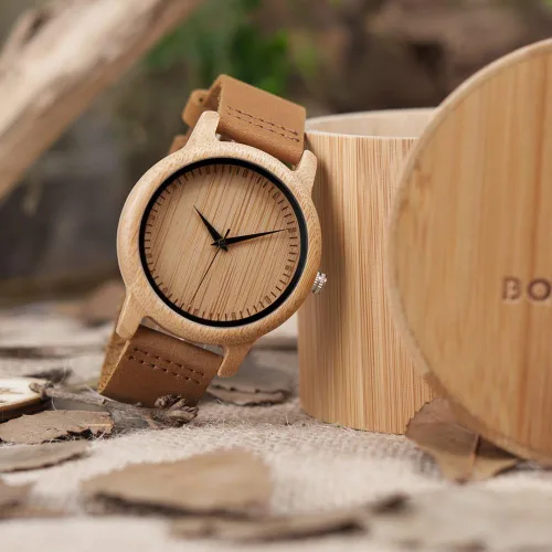 Miniatura 15 de BOBO BIRD Reloj de madera de bambú para hombre y mujer con correa de cuero de vaca marrón, relojes casuales de cuarzo analógico