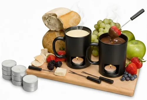 Evelots Juego de 2 tazas de fondue para chocolate, queso, dulces (paquete de 2) mini tazas de fondue de cerámica con 4 tenedores y 8 velas, ideal