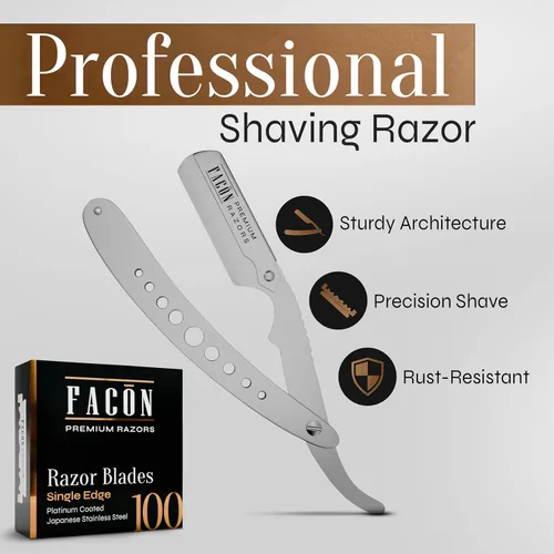 Miniatura 2 de Facón Navajas rectas para hombres - Kit de navaja de barbero profesional de borde recto con 100 cuchillas, afeitadora clásica de acero inoxidable El
