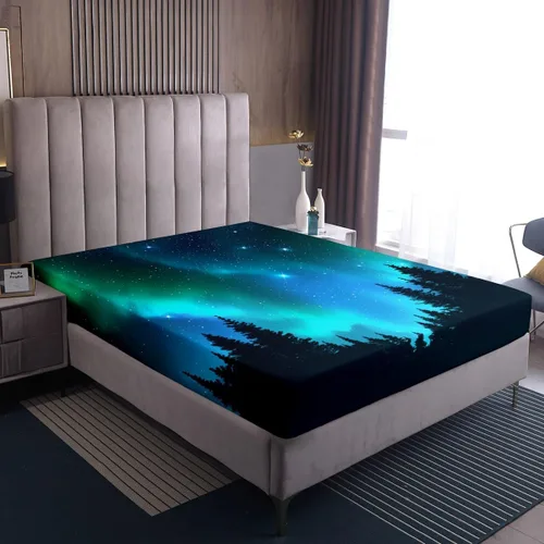 Miniatura 7 de Erosebridal Juego de sábanas de tamaño individual de galaxia con luces polares verde azulado para niños, noche oscura, cielo estrellado, sábana