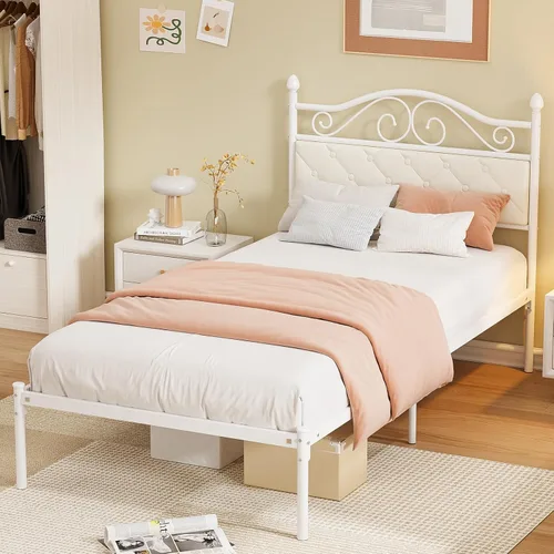 Miniatura 8 de Elephance Base de cama individual con cabecero tapizado, plataforma de metal con espacio de almacenamiento de 11.2 pulgadas, con botón capitoné,