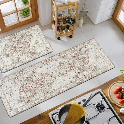 Miniatura 5 de Cekene Juego de 2 alfombras y tapetes acolchados para cocina, antifatiga, tapetes de cocina para piso, tapetes de cocina estilo bohemio de granja