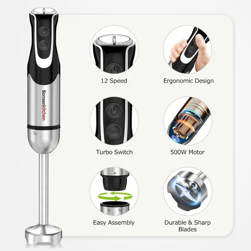 Miniatura 10 de Bonsenkitchen Batidora de inmersión 4 en 1 de mano con procesador de alimentos, batidora de mano de 12 velocidades con modo turbo, hoja de acero