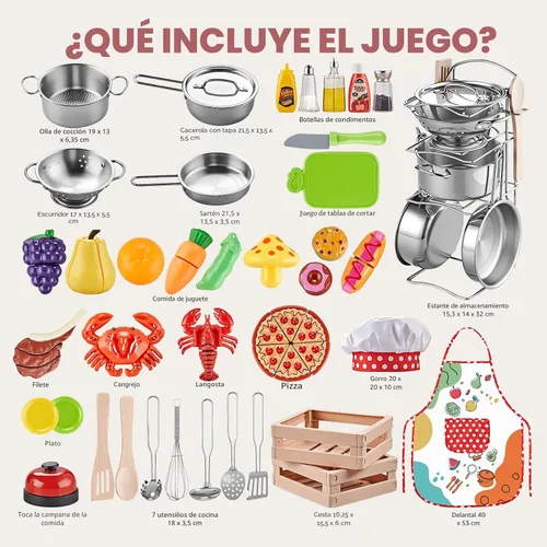 Miniatura 9 de Accesorios de Cocina de Juguete, Juego de Cocina de Acero Inoxidable Grande para Niños Pequeños, Juego de Cocina Infantil con Alimentos de Juguete