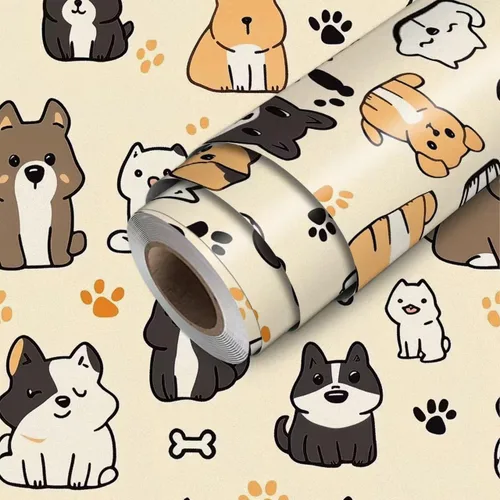 HOMETITUTE Papel tapiz para mascotas mixto color beige, para despegar y pegar, bonito patrón de gato y perro, papel de contacto, papel de pared