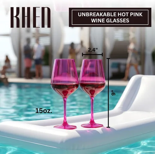 Miniatura 2 de Copas de vino de color rosa intenso irrompibles, flotantes para piscina, juego de 2 unidades, vasos Tritan, color magenta irrompible y rosa rubor