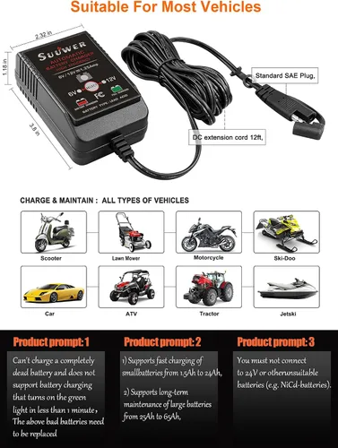 Miniatura 3 de Suuwer Cargador de batería inteligente de 1.25 A, cargador de goteo de 6 V 12 V Mantenedor automático con cable de 12 pies