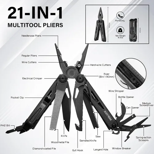 Miniatura 2 de Tijeras y alicates multiherramienta 21 en 1 con cortadores de tungsteno, autobloqueo Kit EDC duradero y resistente para camping, reparación, Negro