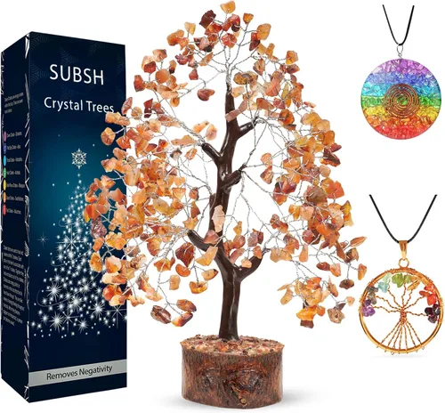 Miniatura 16 de Árbol de la vida de cristal amatista de 10-12 pulgadas con 2 colgantes de chakra – Bonsái de cristal sanador, árbol del dinero para energía
