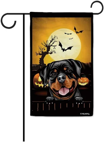 Miniatura 15 de Bandera de jardín de calabaza de Feliz Halloween Jack O'Lantern con perro Rhodesian Ridgeback Halloween Bat Boo Bandera decorativa para patio al